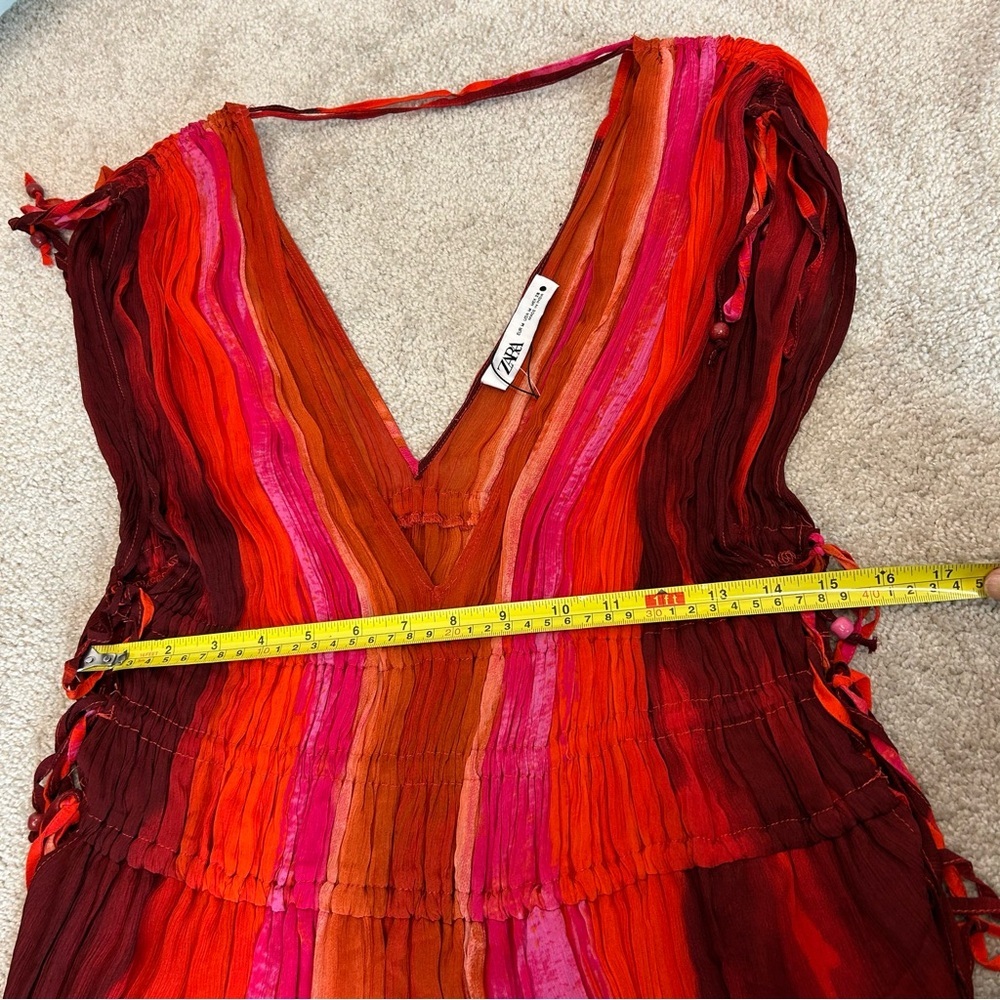 Zara red pink tie-dye BoHo V-neck midi dress Sz M tropical beach vacation NWOT - Picture 11 of 16